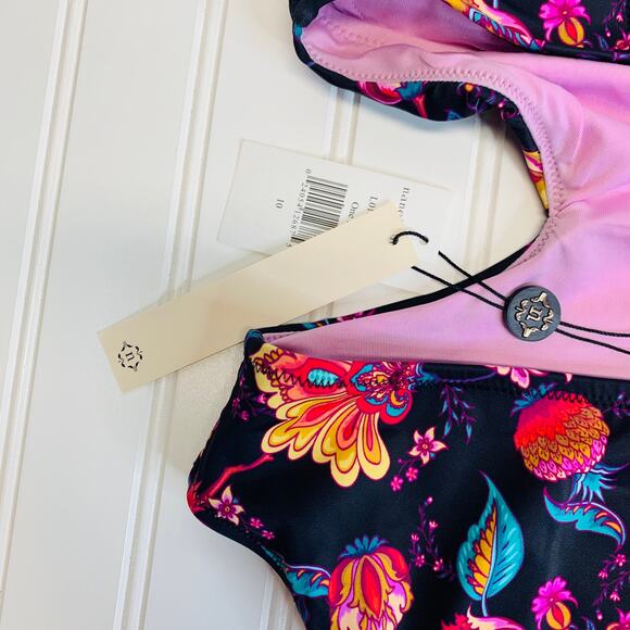 Nanette Lepore NWT 1 Piece Swimsuit Floral Black Pink Sz 10 - Picture 6 of 6